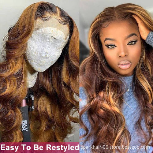 Top Quality Highlight Color 4/27 Dark Brown Virgin Human Hair Lace Front Bob Wig Bleached Knots With Baby Hair